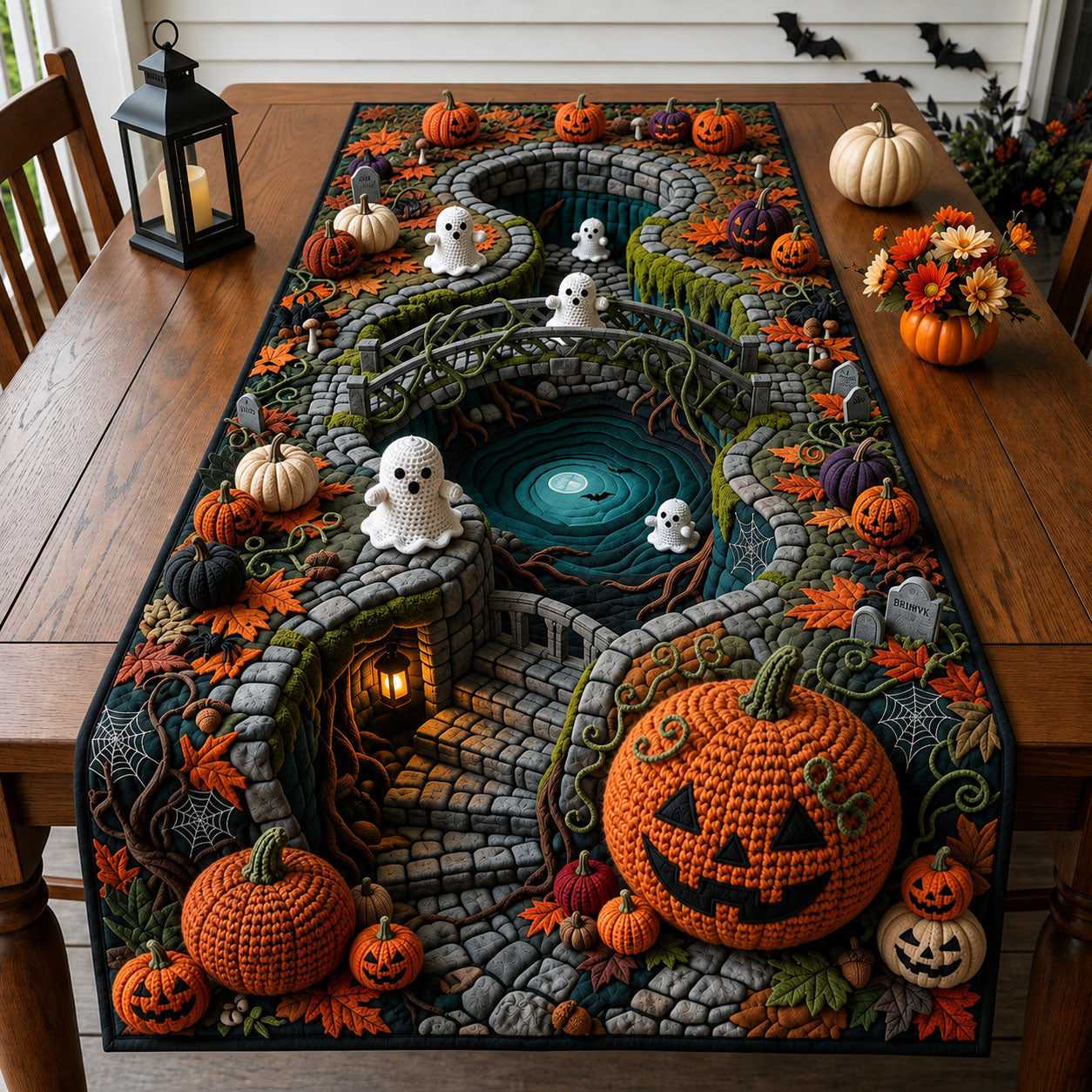 Haunted Village Crochet Quilted Table Runner GFTOPND2174