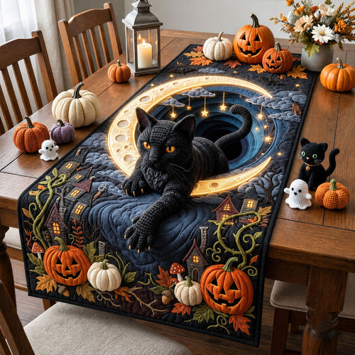 Moonlit Black Cat Crochet Quilted Table Runner GFTOPND2177