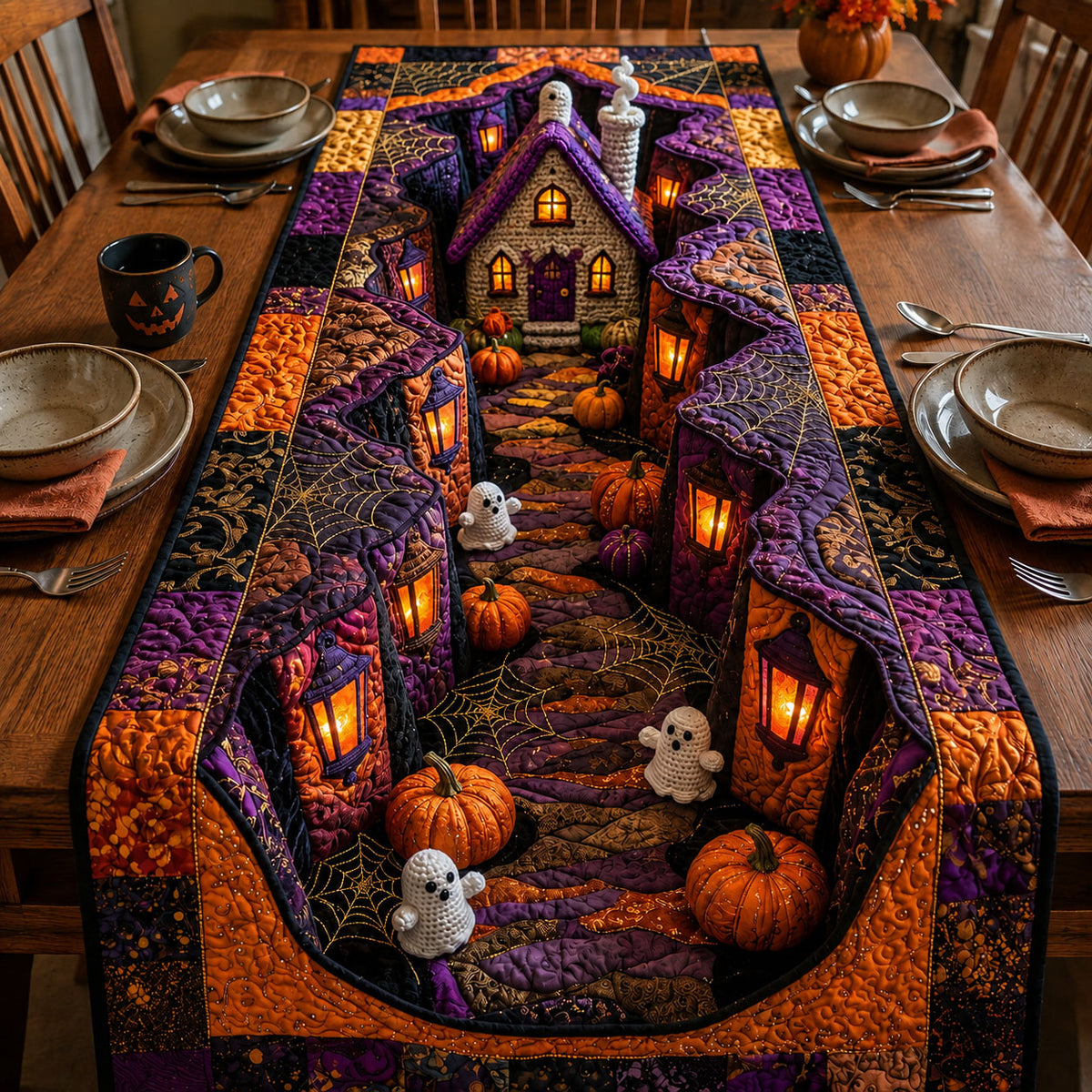 Haunted Village Crochet Quilted Table Runner GFTOPND2180