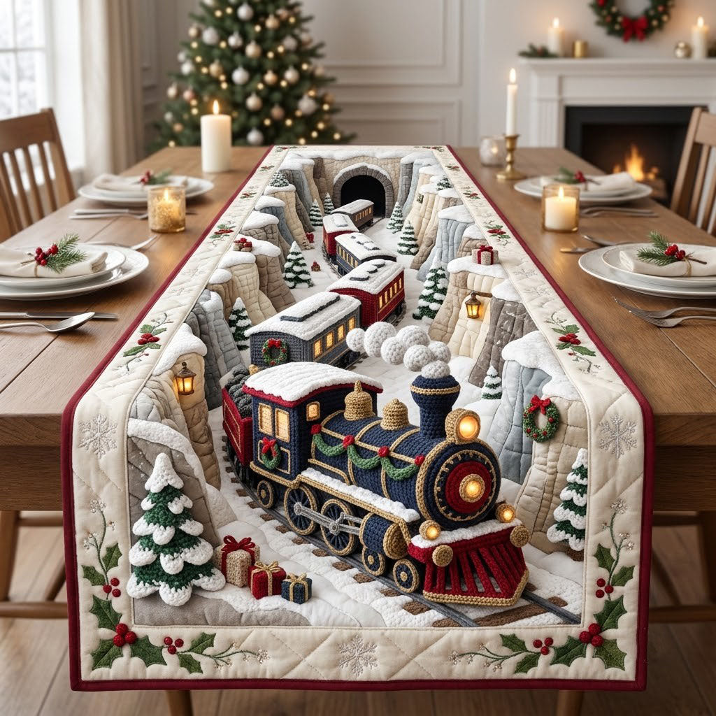Christmas Train Crochet Quilted Table Runner GFTOPND2181