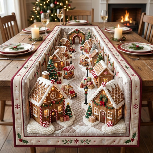 Gingerbread Market Street Crochet Quilted Table Runner GFTOPND2182