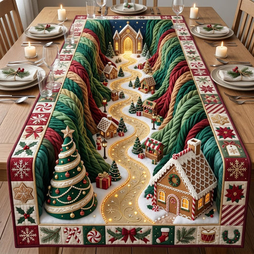 Gingerbread Village Crochet Quilted Table Runner GFTOPND2183