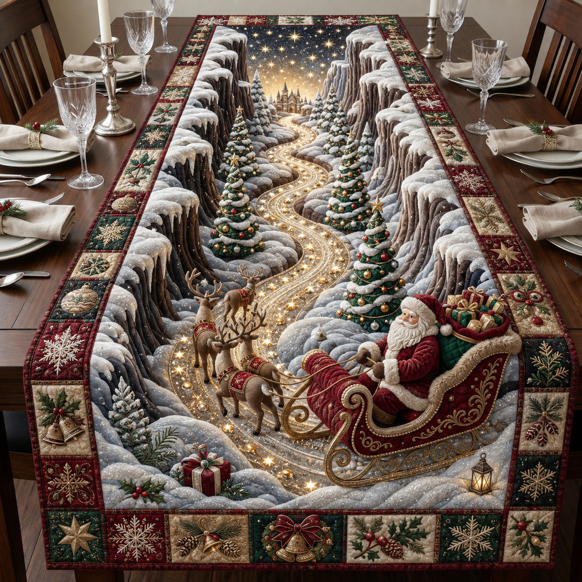 Jeweled Santa Sleigh Quilted Table Runner GFTOPND2187