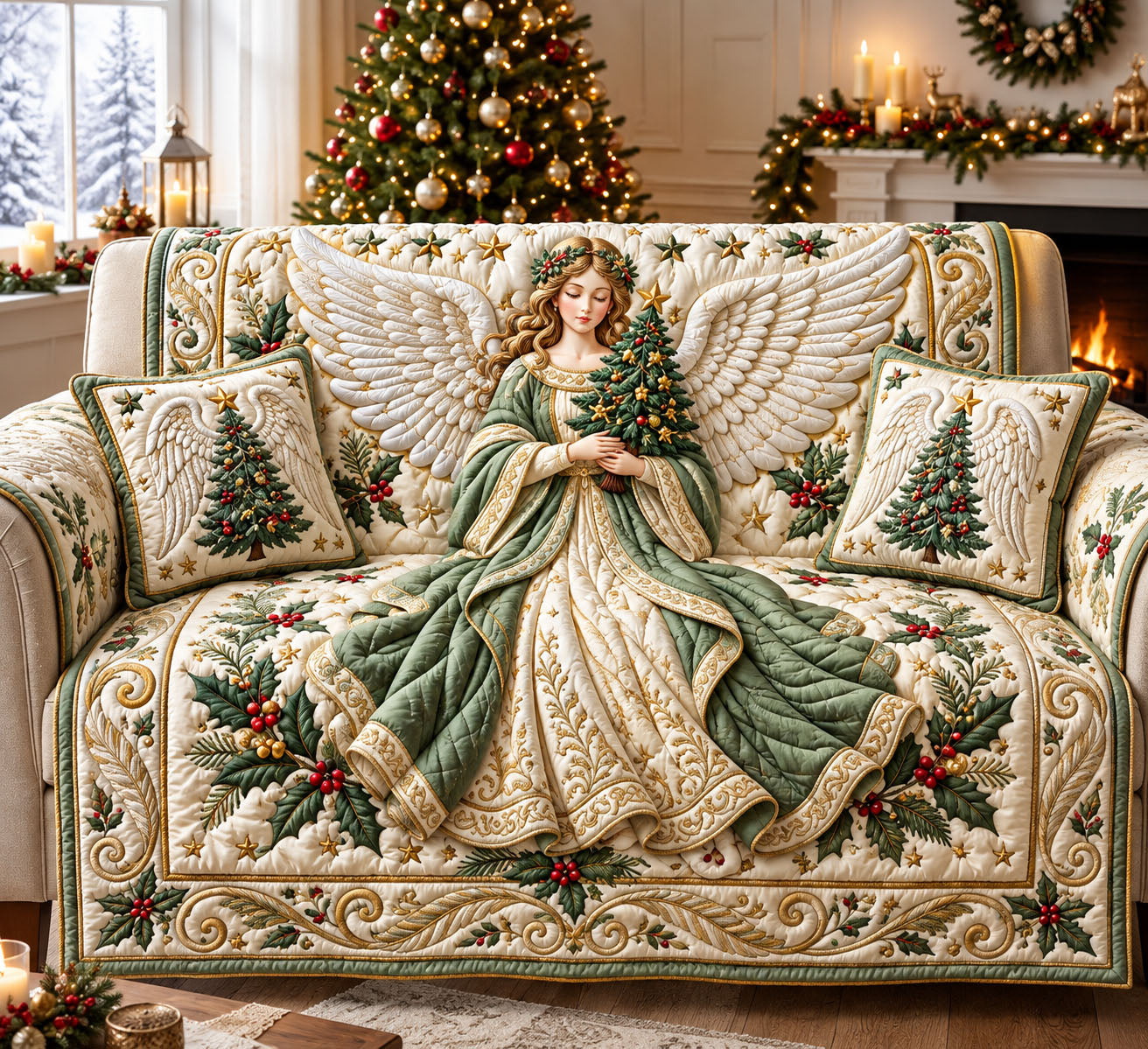 Angel Christmas Tree Quilted Sofa Cover GFTOPND2194