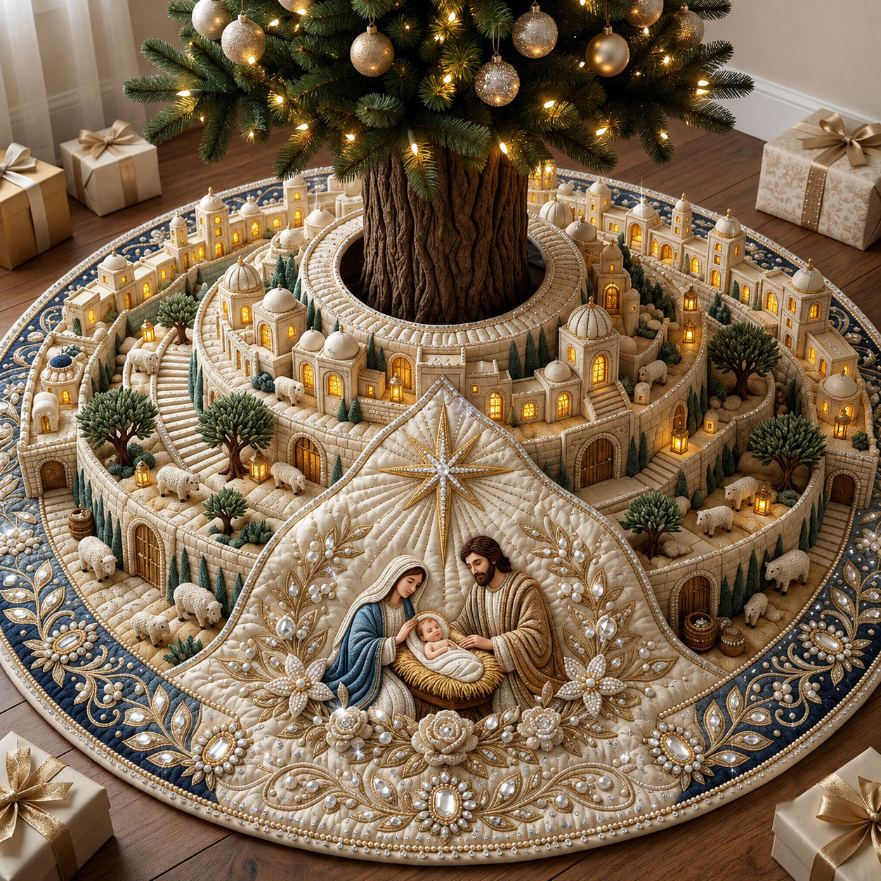 Jeweled Nativity Quilted Tree Skirt GFTOPND2279