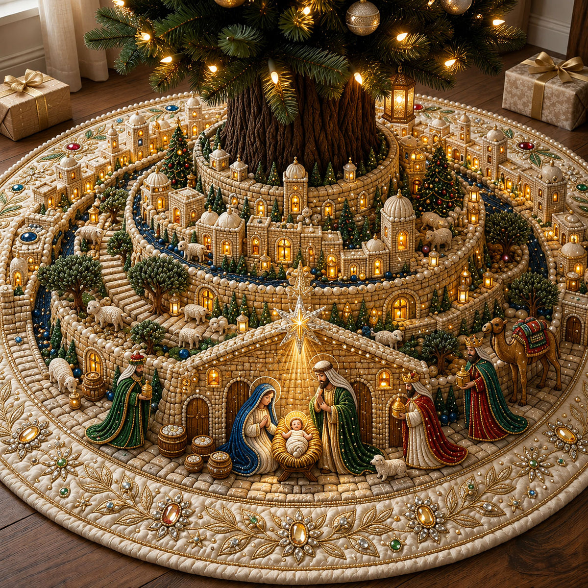 Jeweled Nativity Quilted Tree Skirt GFTOPND2280