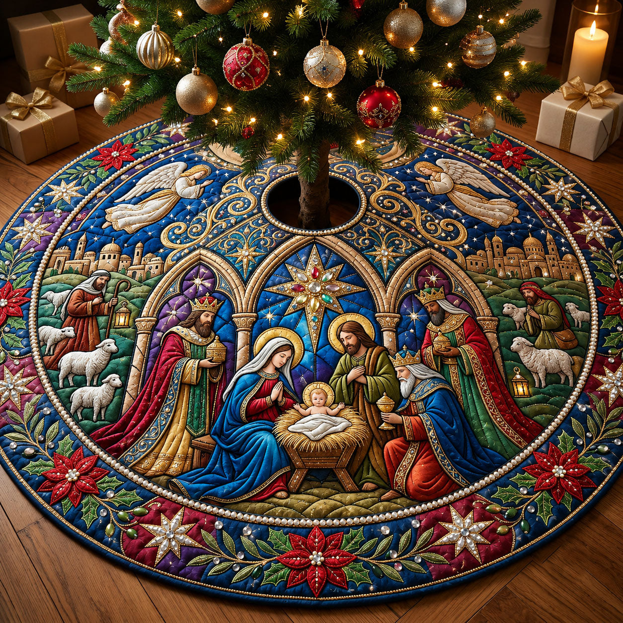 Jeweled Nativity Quilted Tree Skirt GFTOPND2285