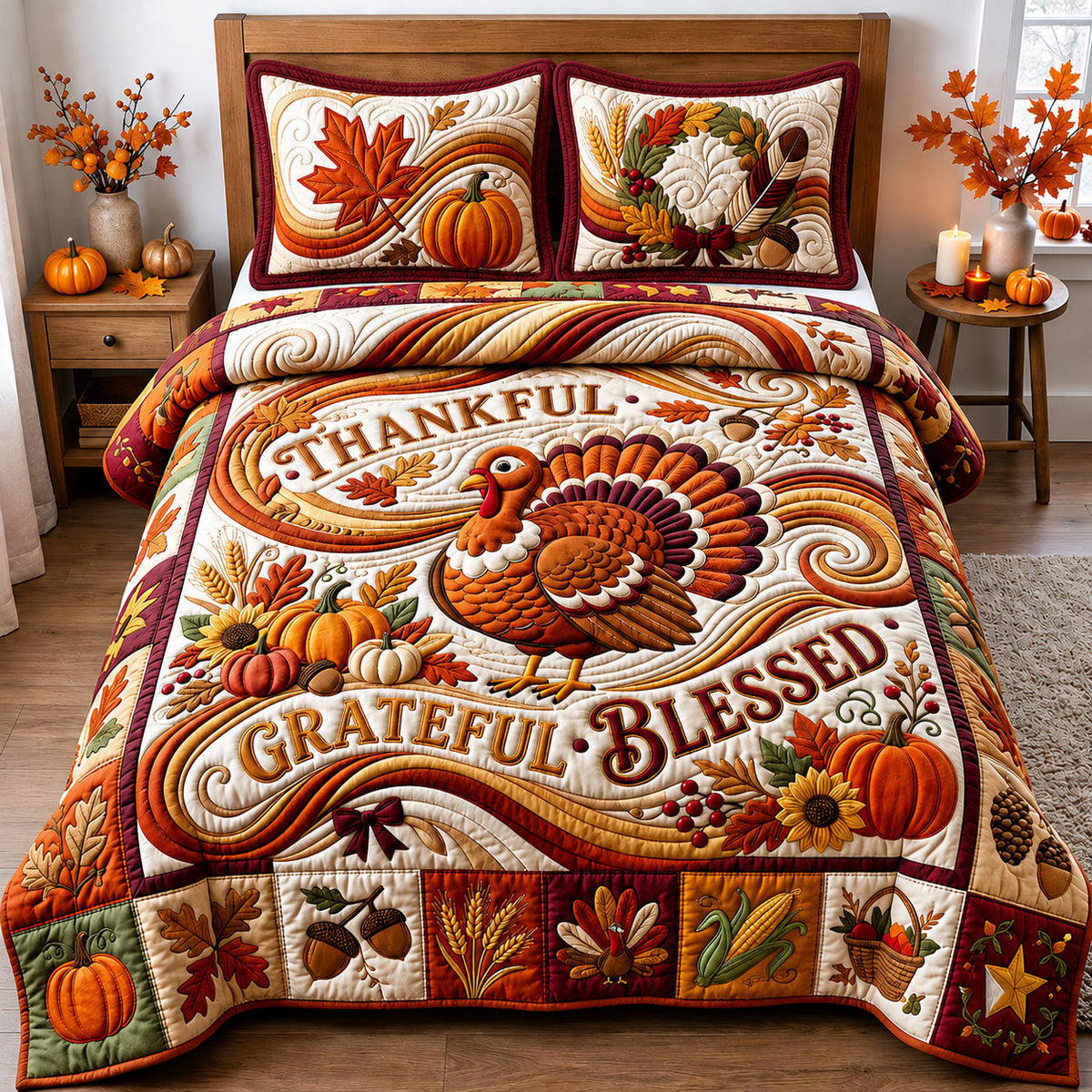 Thankful Grateful Blessed 3-Piece Quilted Bedding Set GFTOPND2313