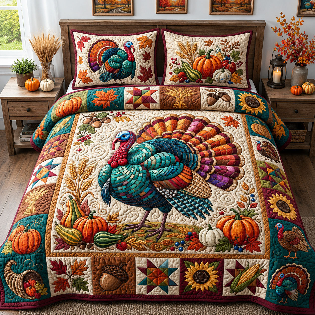 Disco Harvest Turkey 3-Piece Quilted Bedding Set GFTOPND2318
