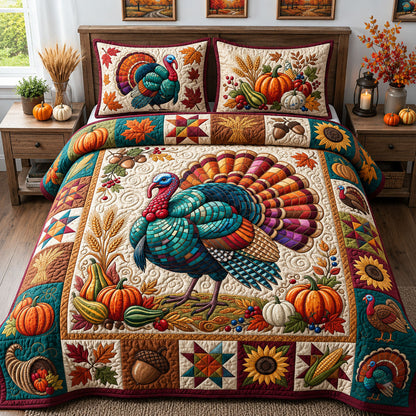 Disco Harvest Turkey 3-Piece Quilted Bedding Set GFTOPND2318