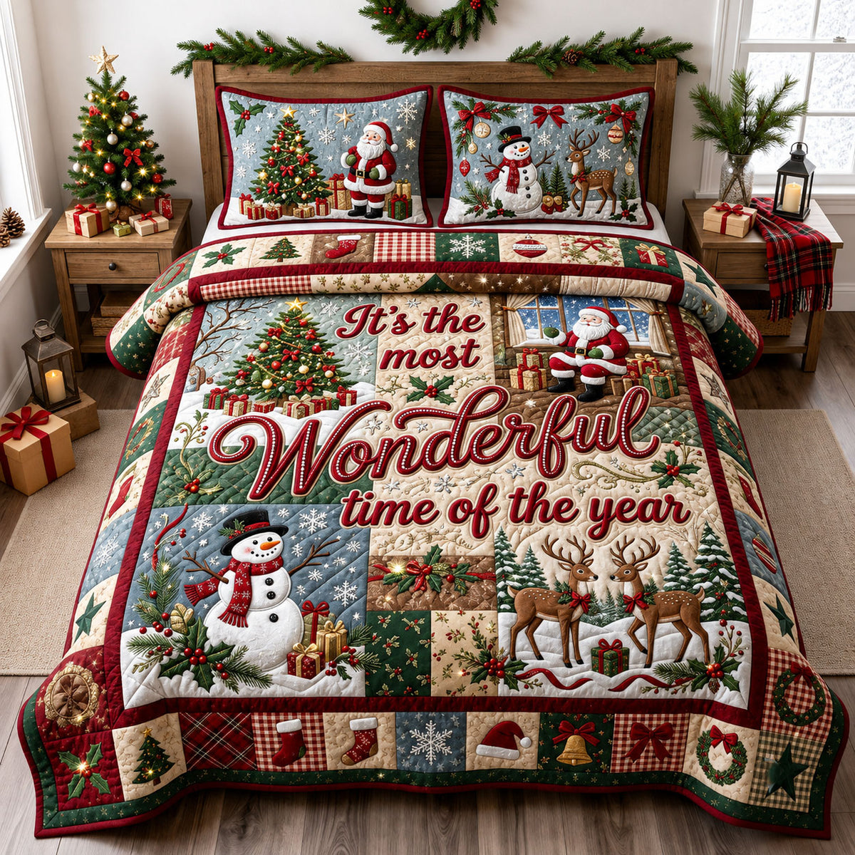 Festive Christmas 3-Piece Quilted Bedding Set GFTOPND2323