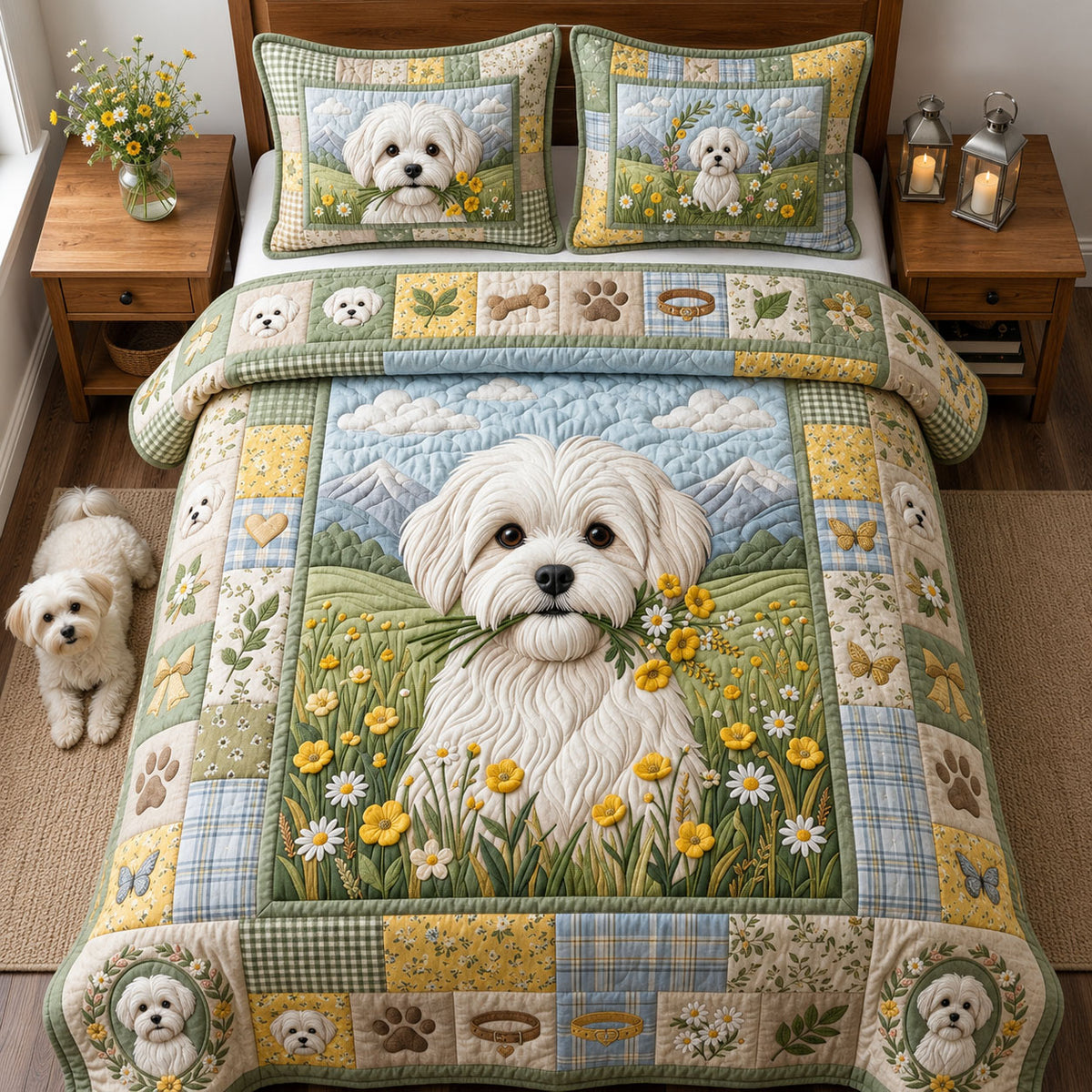 Tiny Bouquet Maltese 3-Piece Quilted Bedding Set GFTOPND2366