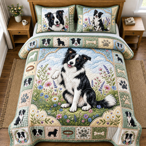 Floral Border Collie 3-Piece Quilted Bedding Set GFTOPND2368