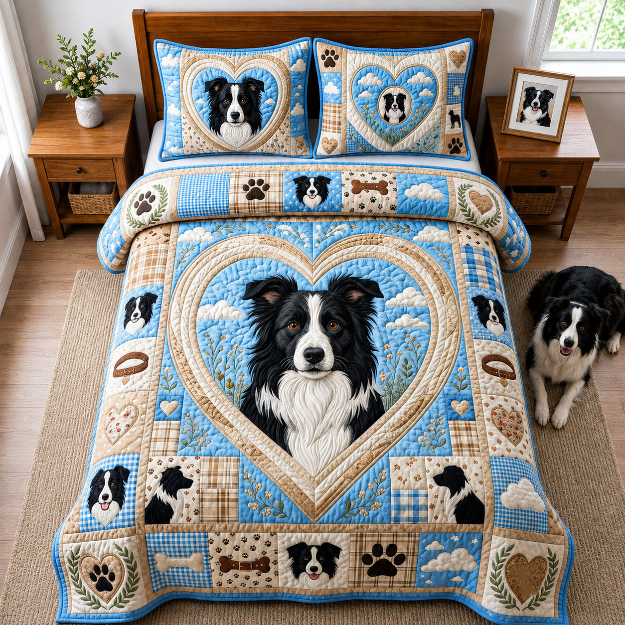 Heart Border Collie 3-Piece Quilted Bedding Set GFTOPND2374
