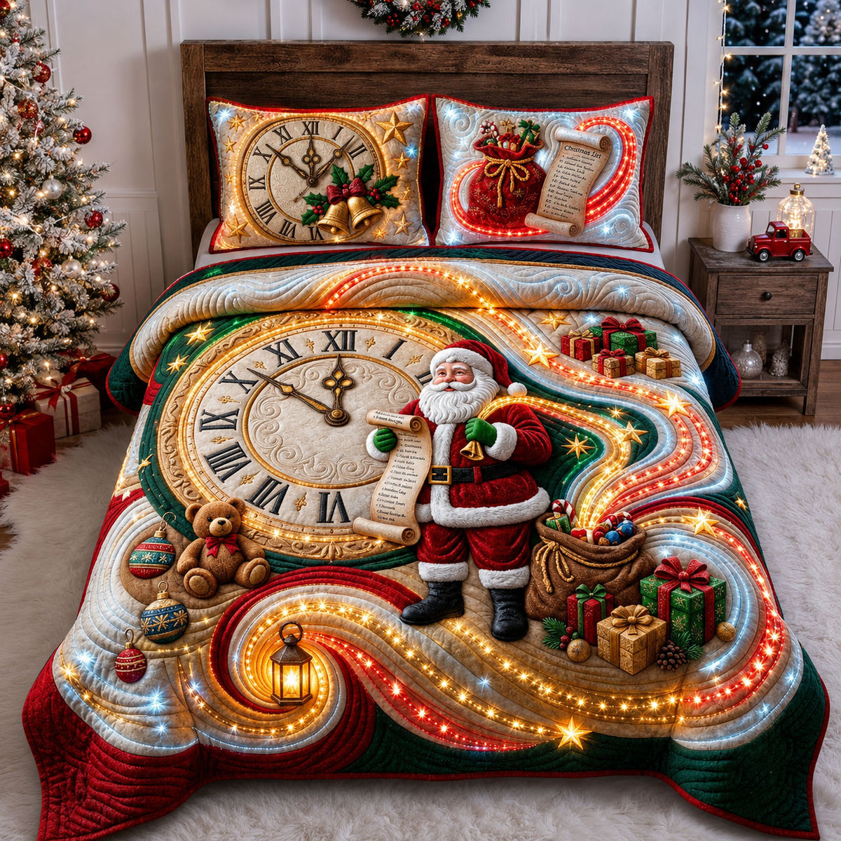 Christmas Clock 3-Piece Quilted Bedding Set GFTOPND2384
