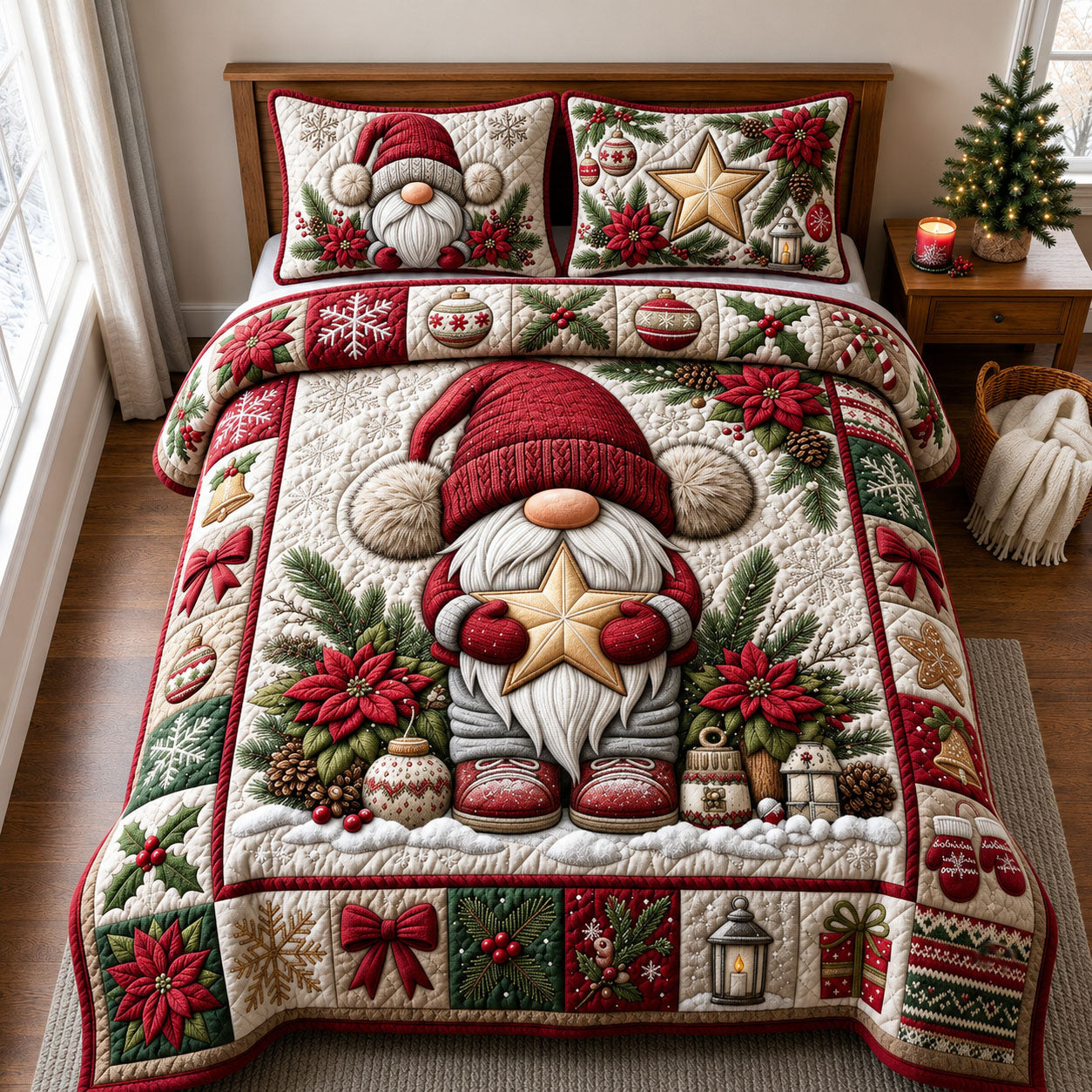 Whimsical Christmas Gnome 3-Piece Quilted Bedding Set GFTOPND2386
