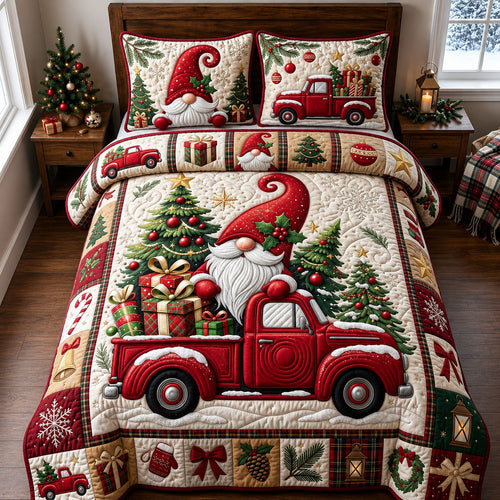 Gnome Red Truck 3-Piece Quilted Bedding Set GFTOPND2388