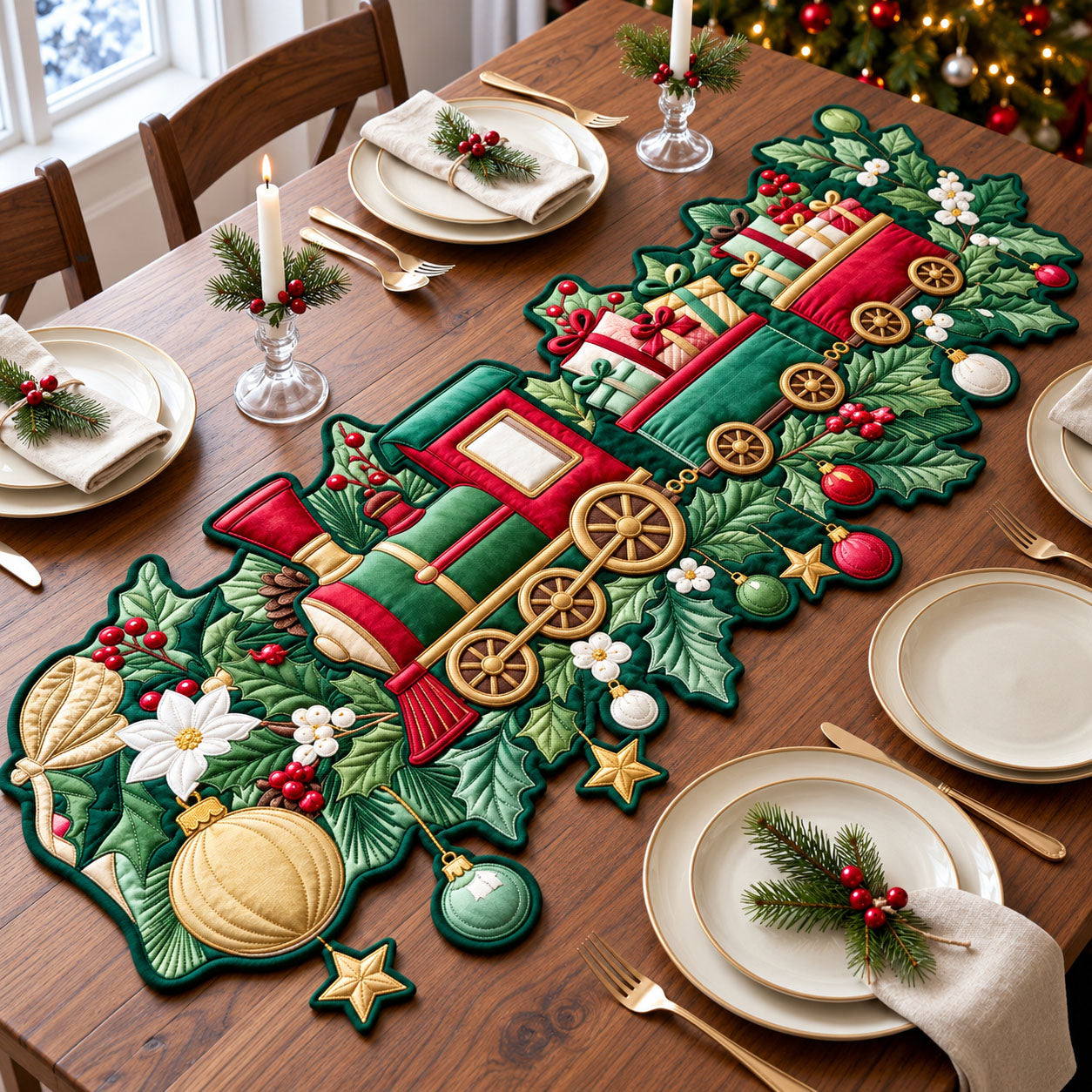 Christmas Train Custom Shape Quilted Table Runner GFTOPND2454