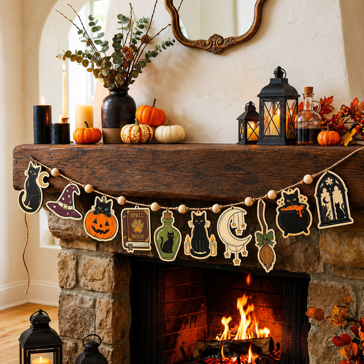 Black Cat Coven Custom Shape Wooden Garland GFTOPND2457