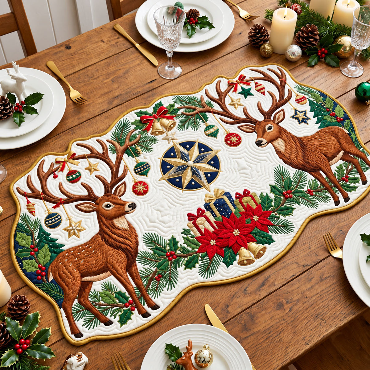 Deer Forest Custom Shape Quilted Table Runner GFTOPND2471