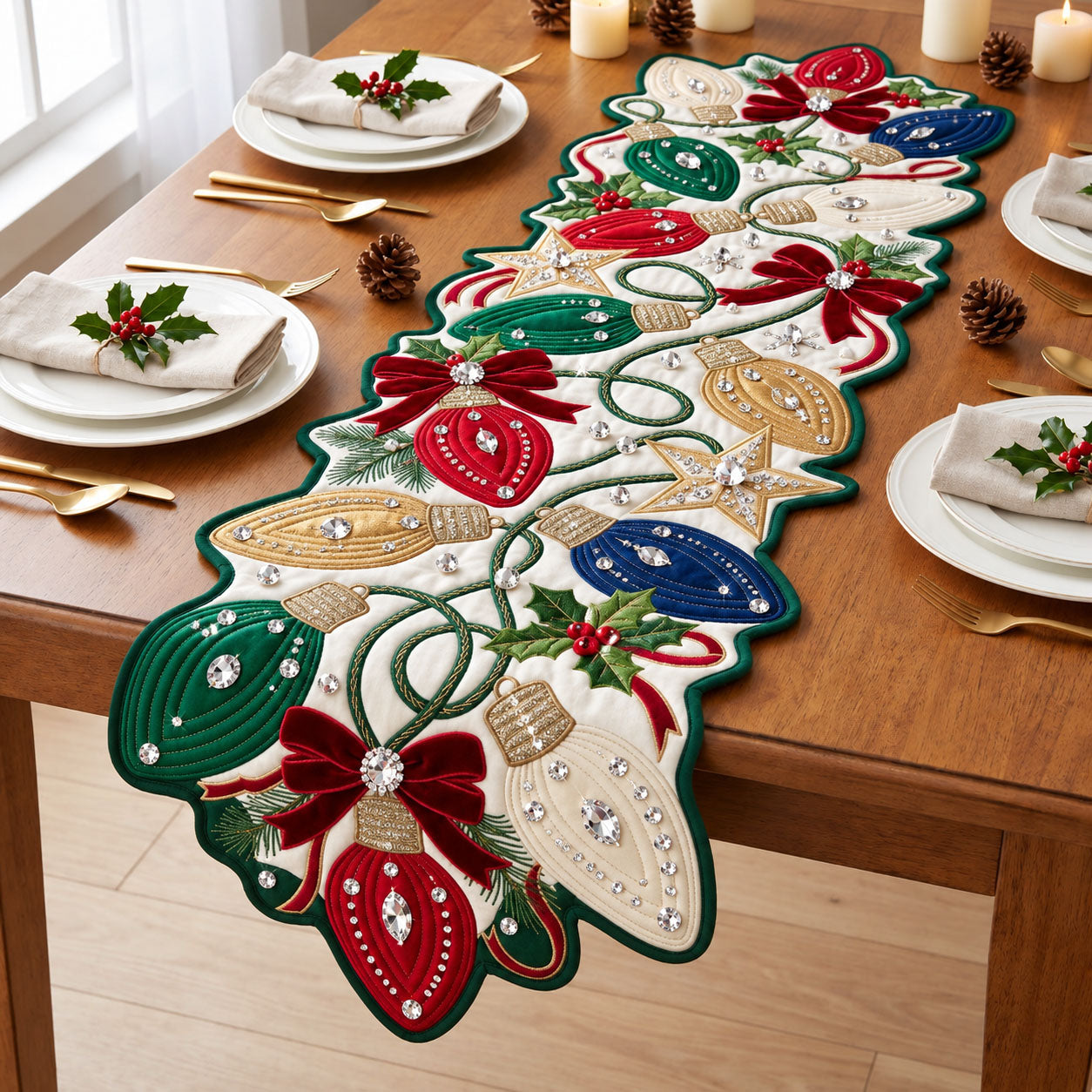 Jeweled Christmas Lights Custom Shape Quilted Table Runner GFTOPND2473
