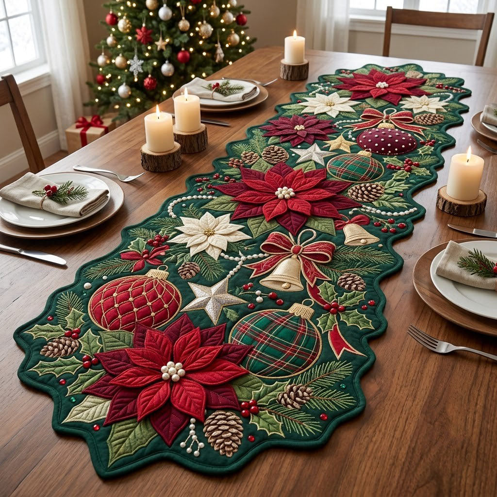 Poinsettia Ornament Custom Shape Quilted Table Runner GFTOPND2474