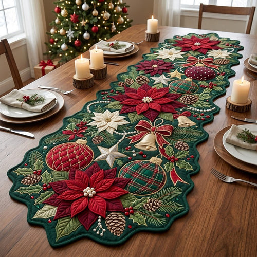 Poinsettia Ornament Custom Shape Quilted Table Runner GFTOPND2474