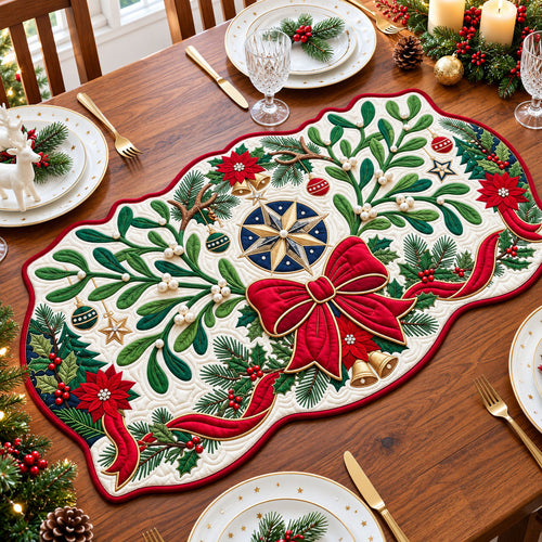 Christmas Poinsettia Bow Custom Shape Quilted Table Runner GFTOPND2476