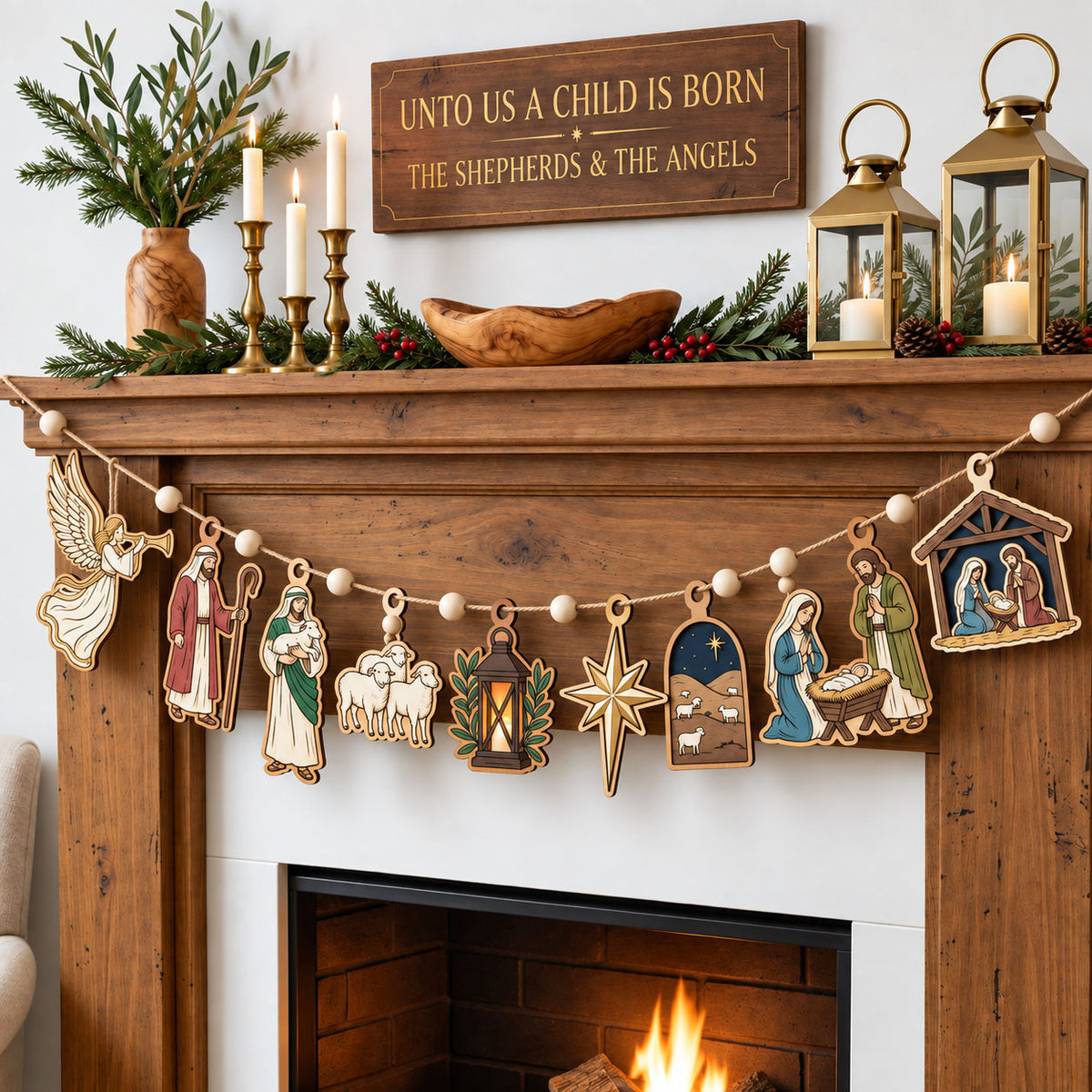 Shepherds Angels Nativity Custom Shape Wooden Garland GFTOPND2483
