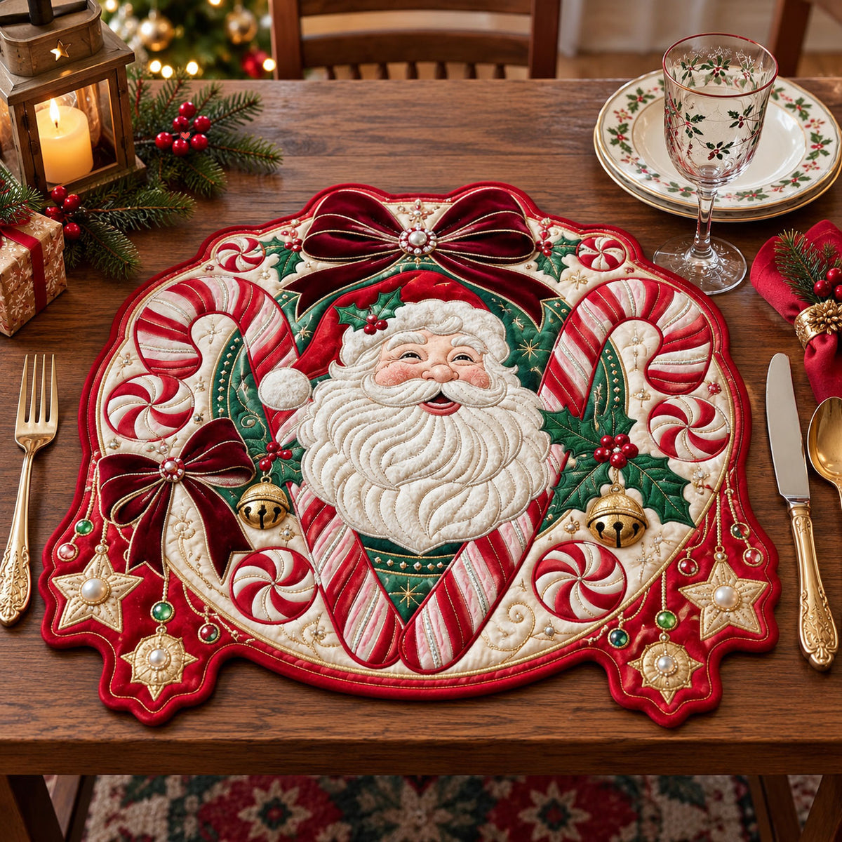 Santa Candy Cane Custom Shape Quilted Place Mat GFTOPND2487