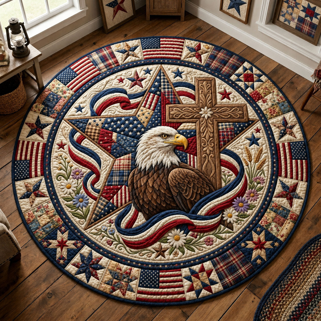 Patriotic Bald Eagle Floral Quilted Round Mat GFTOPND250
