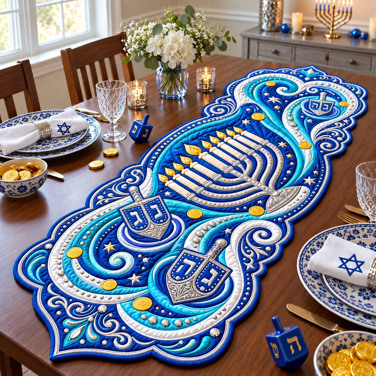 Aurora Dreidel Wave Custom Shape Quilted Table Runner GFTOPND2509