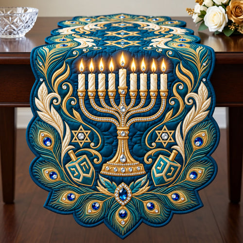 Peacock Hanukkah Custom Shape Quilted Table Runner GFTOPND2510