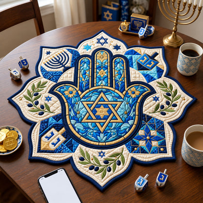 Hamsa Star of David Custom Shape Quilted Table Topper GFTOPND2515
