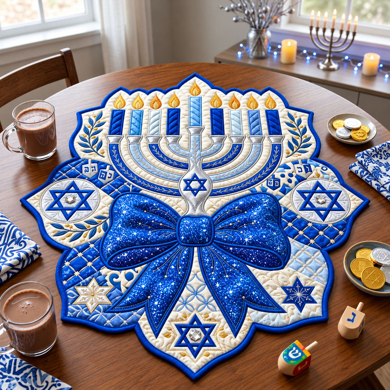 Bling Hanukkah Bows Custom Shape Quilted Table Topper GFTOPND2516