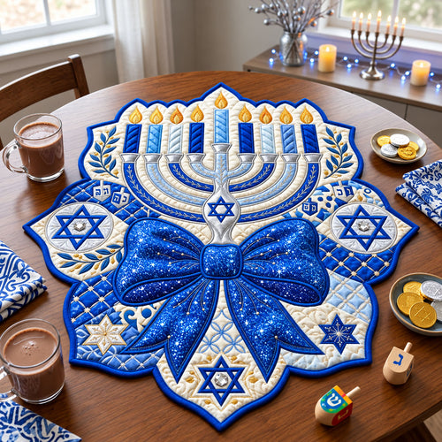 Bling Hanukkah Bows Custom Shape Quilted Table Topper GFTOPND2516