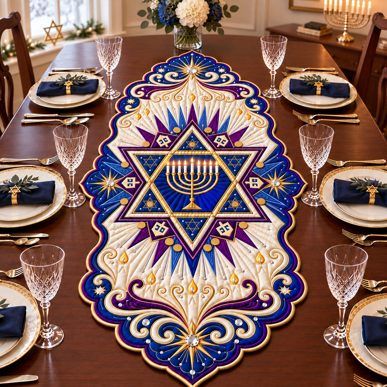 Jeweled Hanukkah Custom Shape Quilted Table Runner GFTOPND2532