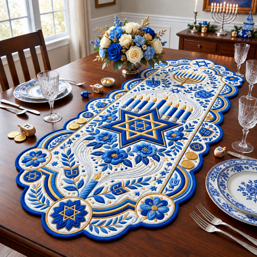 Floral Hanukkah Custom Shape Quilted Table Runner GFTOPND2534