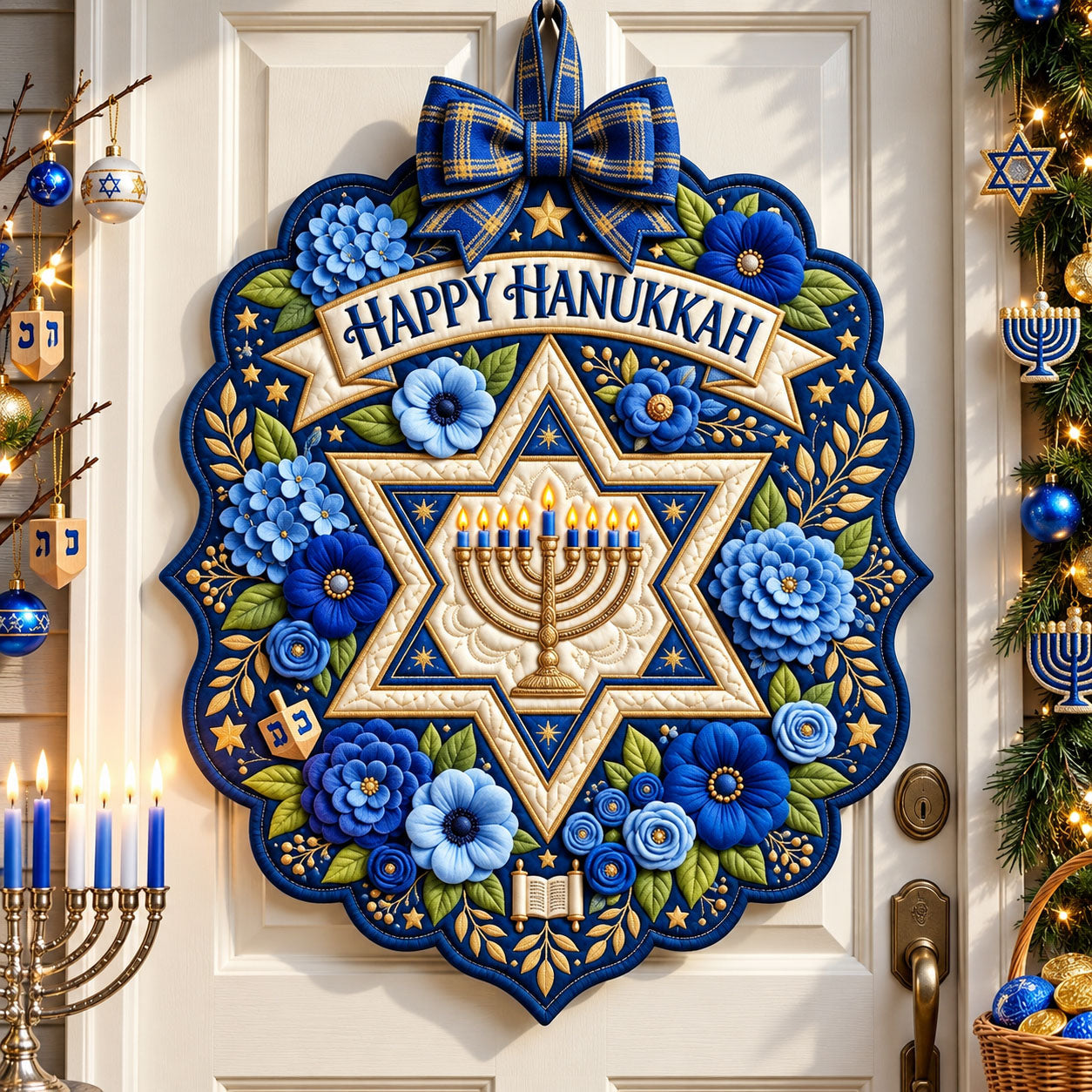 Happy Hanukkah Custom Shape Quilted Door Hanger GFTOPND2542