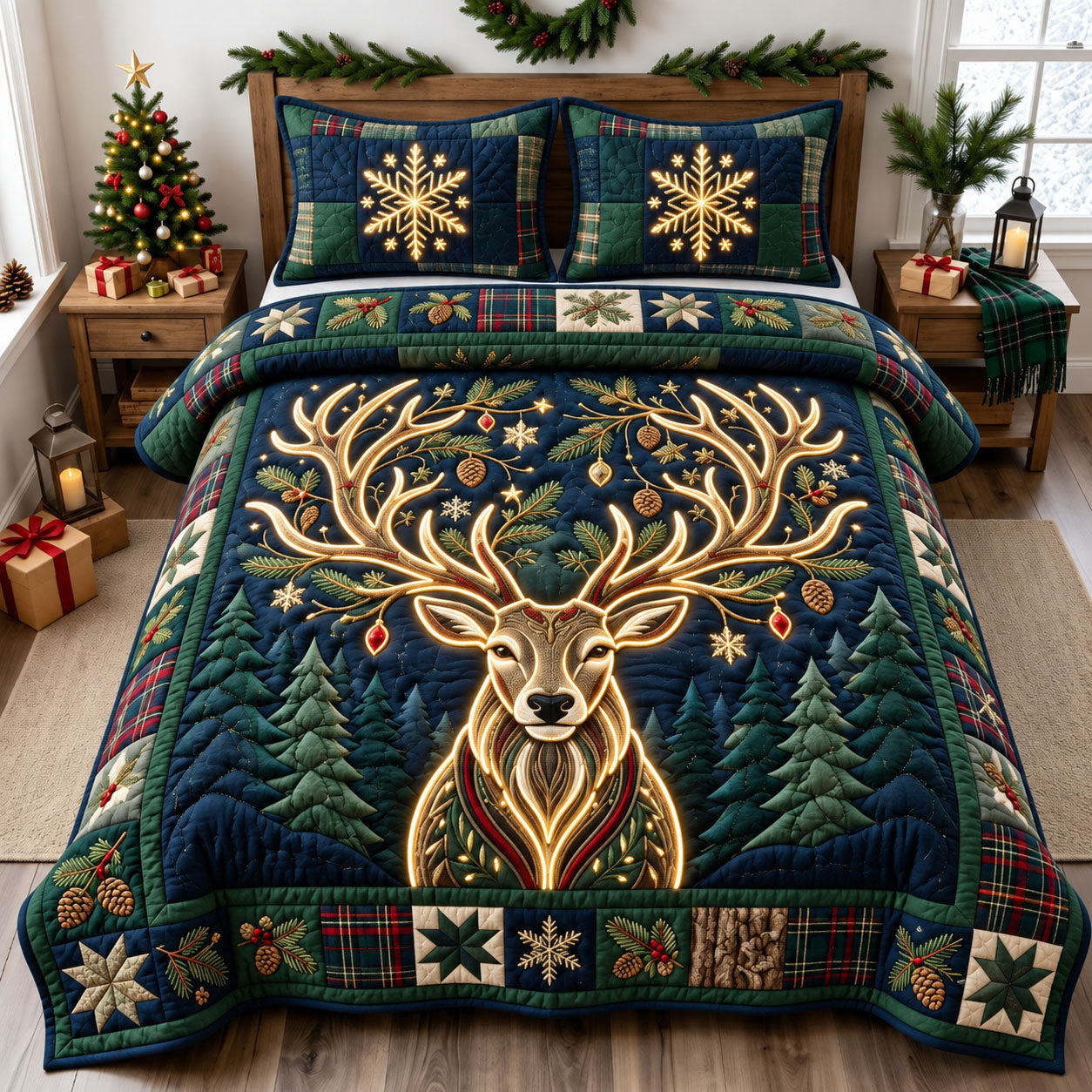 Light Reindeer 3-Piece Quilted Bedding Set GFTOPND2548