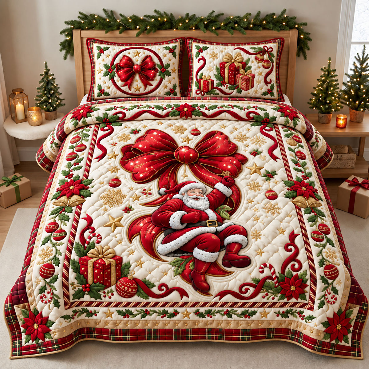Merry Christmas Santa Bow 3-Piece Quilted Bedding Set GFTOPND2552