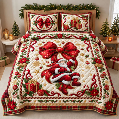 Merry Christmas Santa Bow 3-Piece Quilted Bedding Set GFTOPND2552