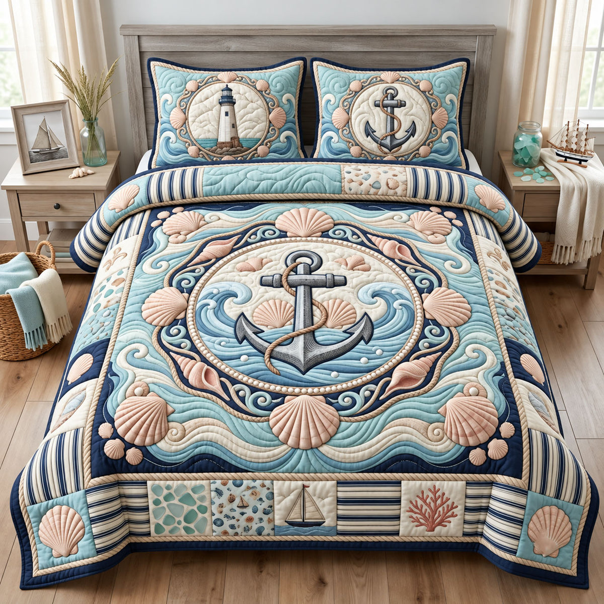 Nautical Anchor 3-Piece Quilted Bedding Set GFTOPND2554