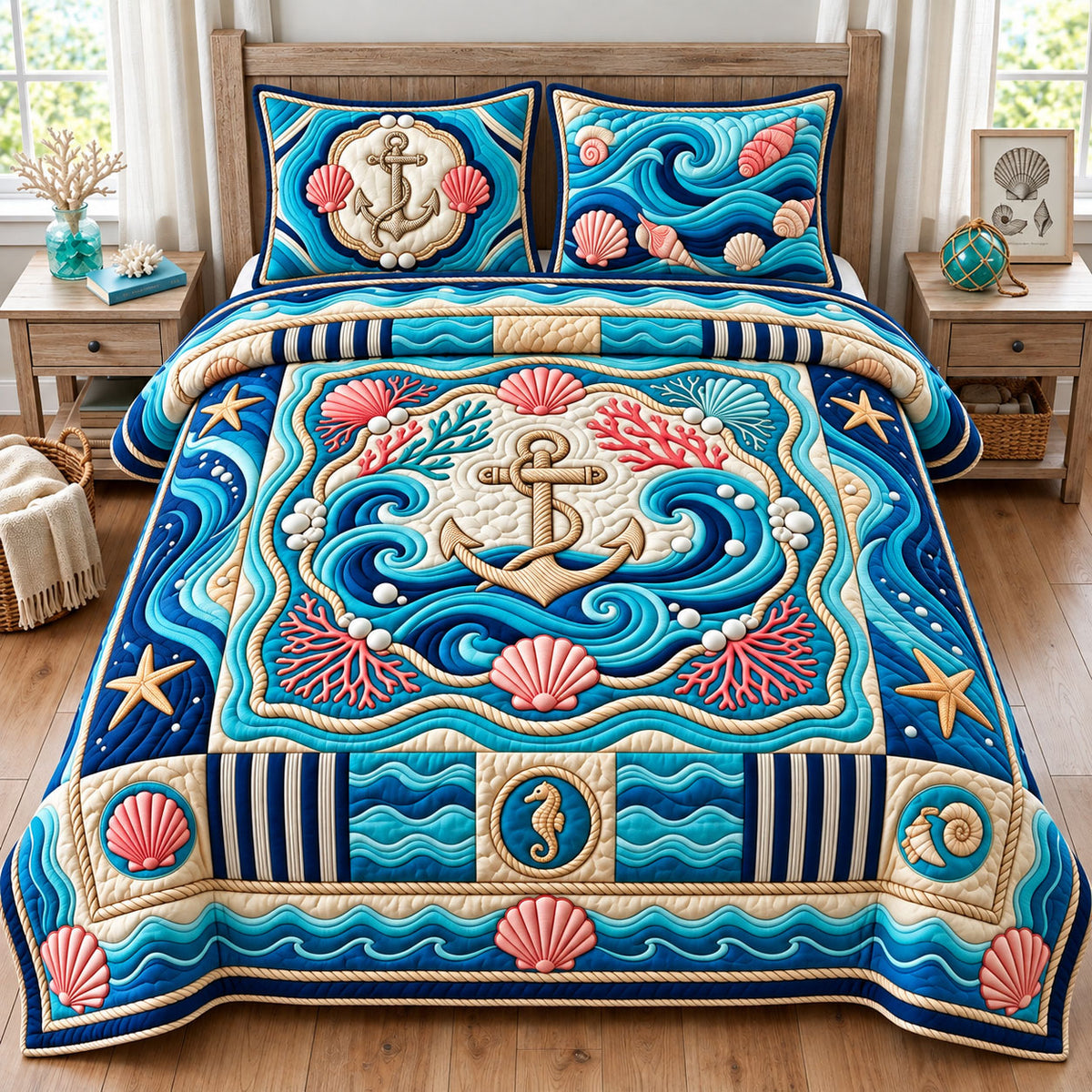 Ocean Anchor 3-Piece Quilted Bedding Set GFTOPND2557