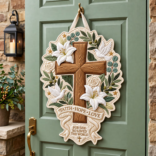 Cross White Lilies Custom Shape Quilted Door Hanger GFTOPND2602