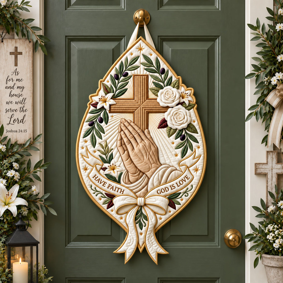 Praying Hands Cross Custom Shape Quilted Door Hanger GFTOPND2603