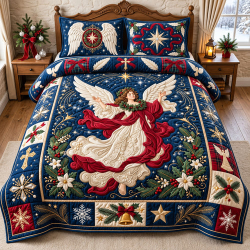 Holly Wreath Red Angel 3-Piece Quilted Bedding Set GFTOPND2609