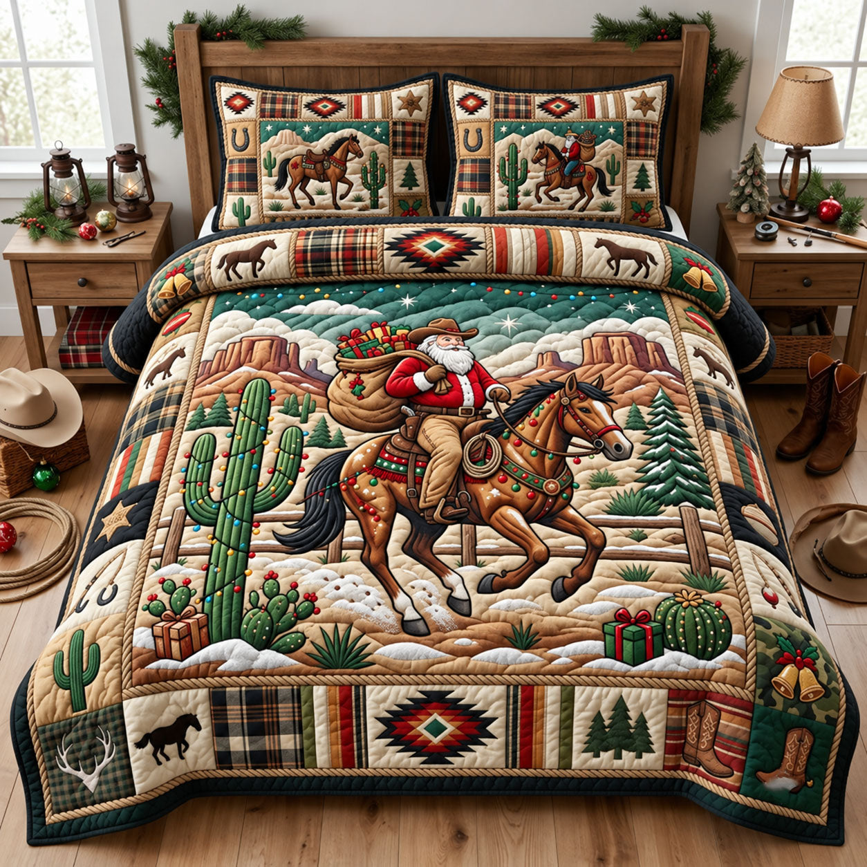 Cowboy Santa 3-Piece Quilted Bedding Set GFTOPND2615