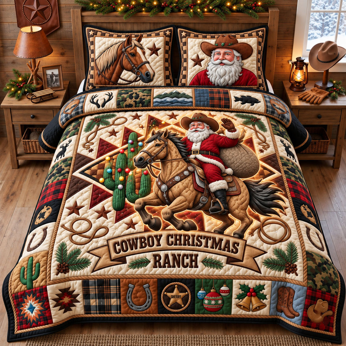 Cowboy Christmas 3-Piece Quilted Bedding Set GFTOPND2616