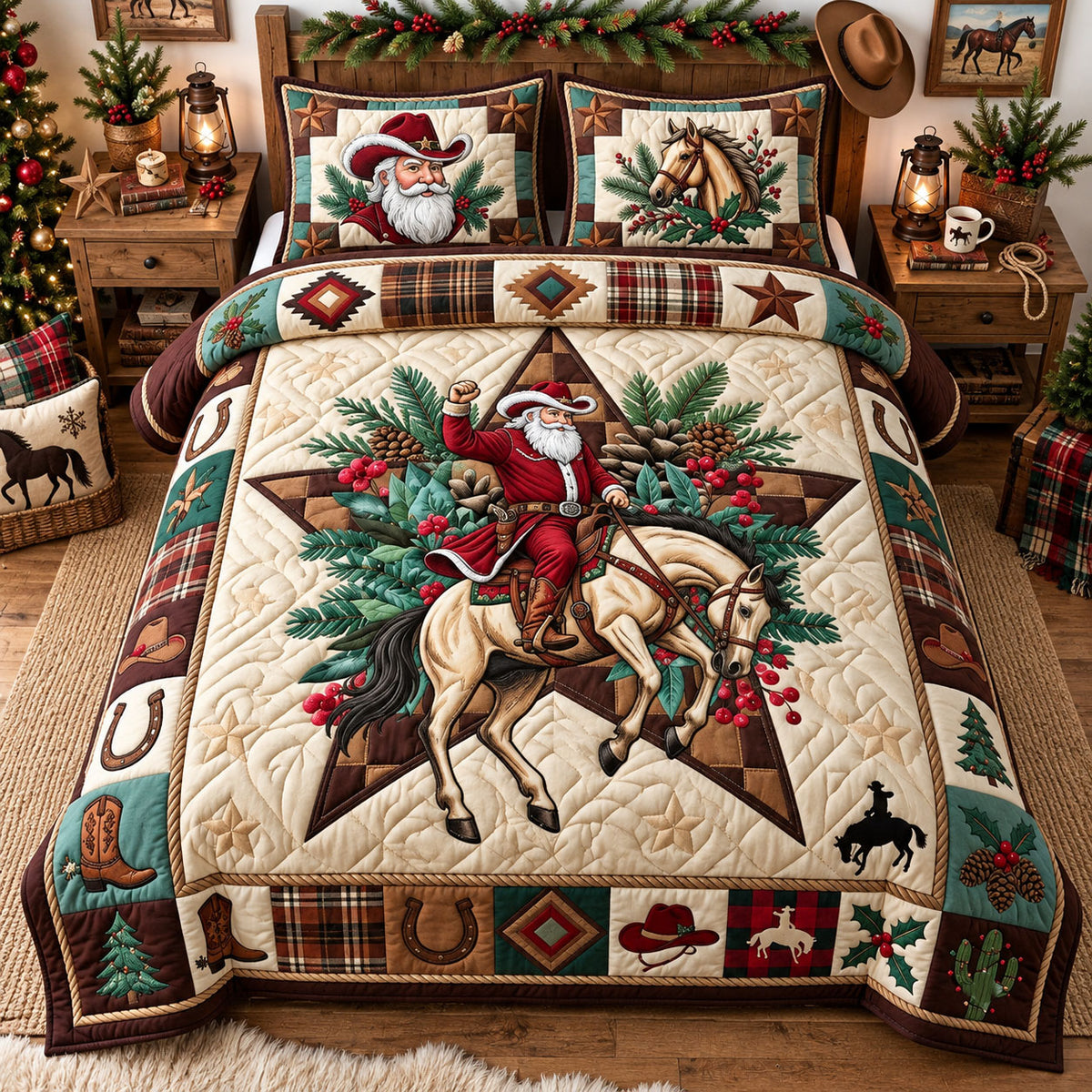 Cowboy Star Santa 3-Piece Quilted Bedding Set GFTOPND2617